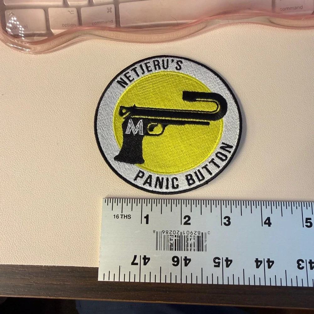 Netjerus Panic Button Patch Embroidered Gun M Symbol Round Yellow